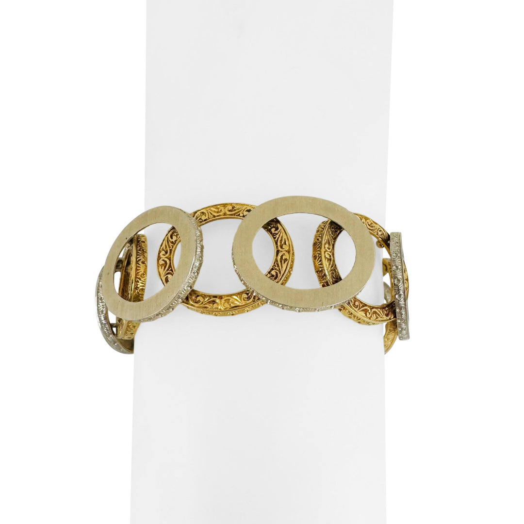 18k Yellow and White Gold 36.7g Solid Vintage Fancy Circle Link Bracelet 7.25"
