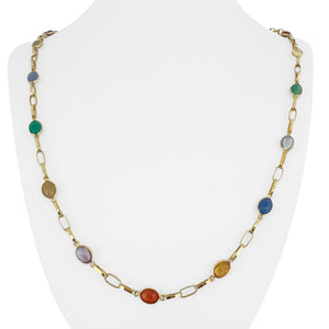 18k Yellow Gold 19g Ladies Multi Cabochon Gemstone Cable Link Necklace Italy 28"