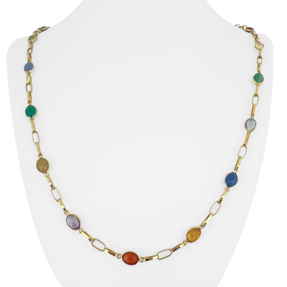 18k Yellow Gold 19g Ladies Multi Cabochon Gemstone Cable Link Necklace Italy 28
