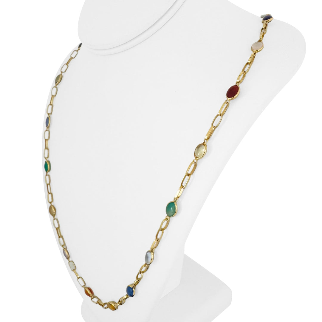 18k Yellow Gold 19g Ladies Multi Cabochon Gemstone Cable Link Necklace Italy 28"
