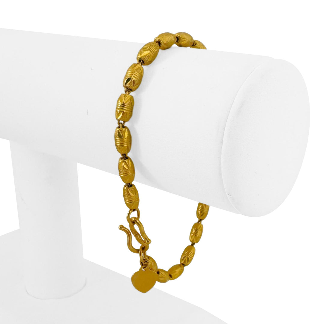 24k Pure Yellow Gold 11.8g Diamond Cut 4mm Barrel Link Heart Charm Bracelet 7"