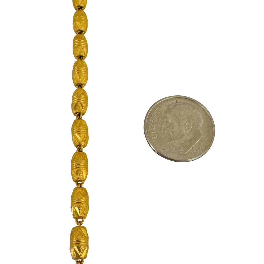 24k Pure Yellow Gold 11.8g Diamond Cut 4mm Barrel Link Heart Charm Bracelet 7"