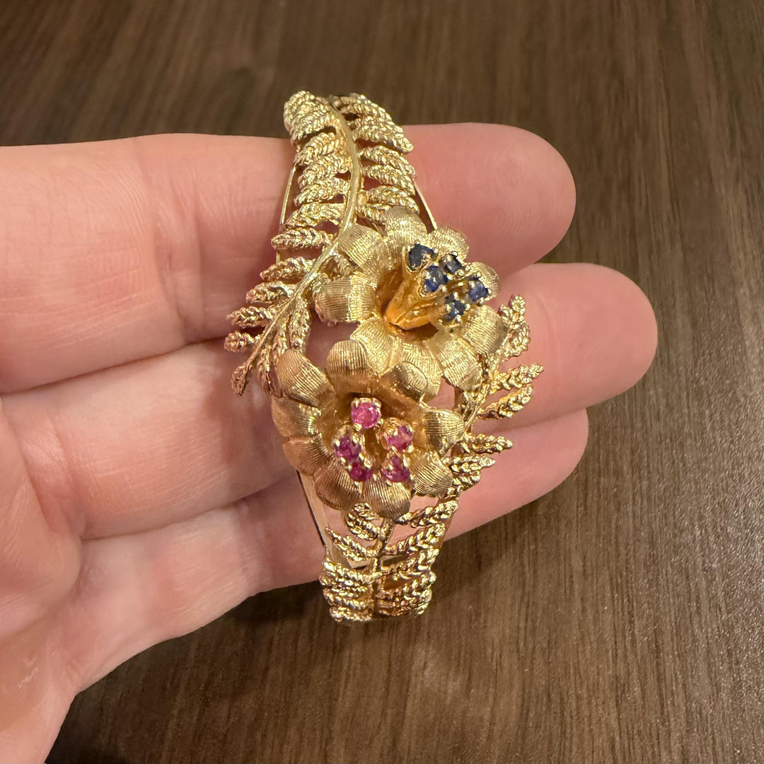 14k Yellow Gold 32.5g Heavy Ruby and Sapphire Floral Bangle Bracelet 6.75"