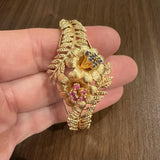 14k Yellow Gold 32.5g Heavy Ruby and Sapphire Floral Bangle Bracelet 6.75"