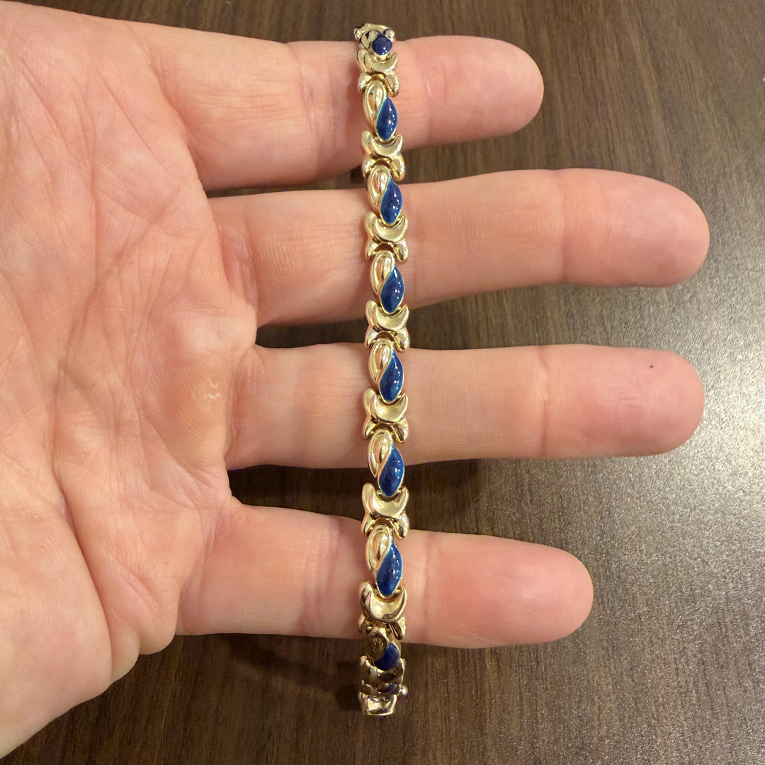 14k Yellow Gold 10.8g Ladies Blue Enamel Fancy Link Bracelet Italy 7.25"