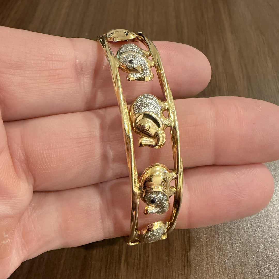 14k Yellow and White Gold 14g Ladies Elephant Motif Bangle Bracelet Italy 7"