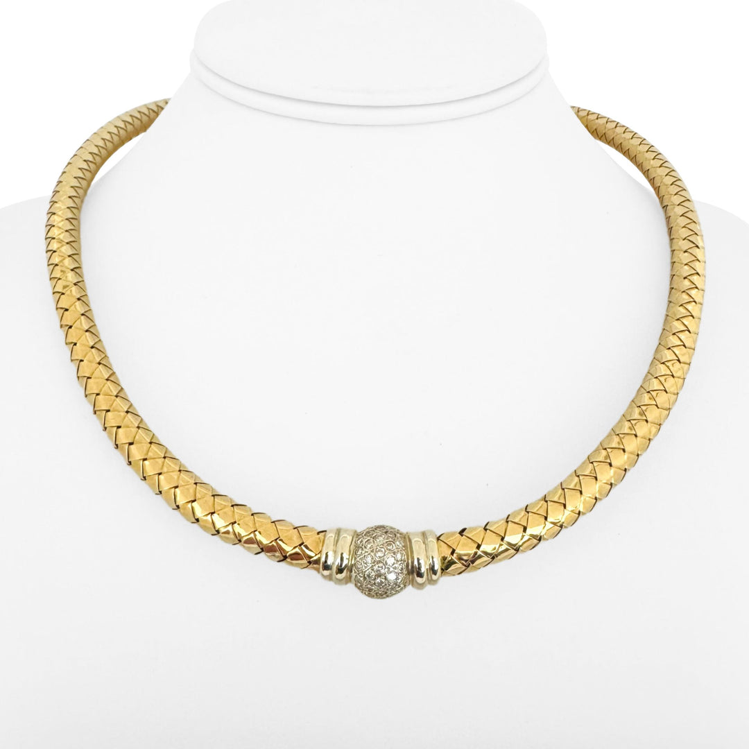 18k Yellow Gold and Diamonds 51.2g Vintage Woven Station Necklace Italy 18"