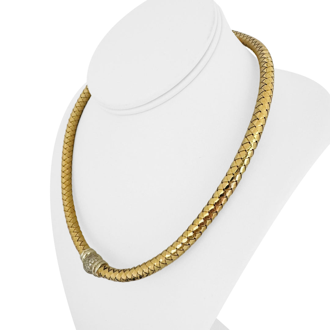 18k Yellow Gold and Diamonds 51.2g Vintage Woven Station Necklace Italy 18"
