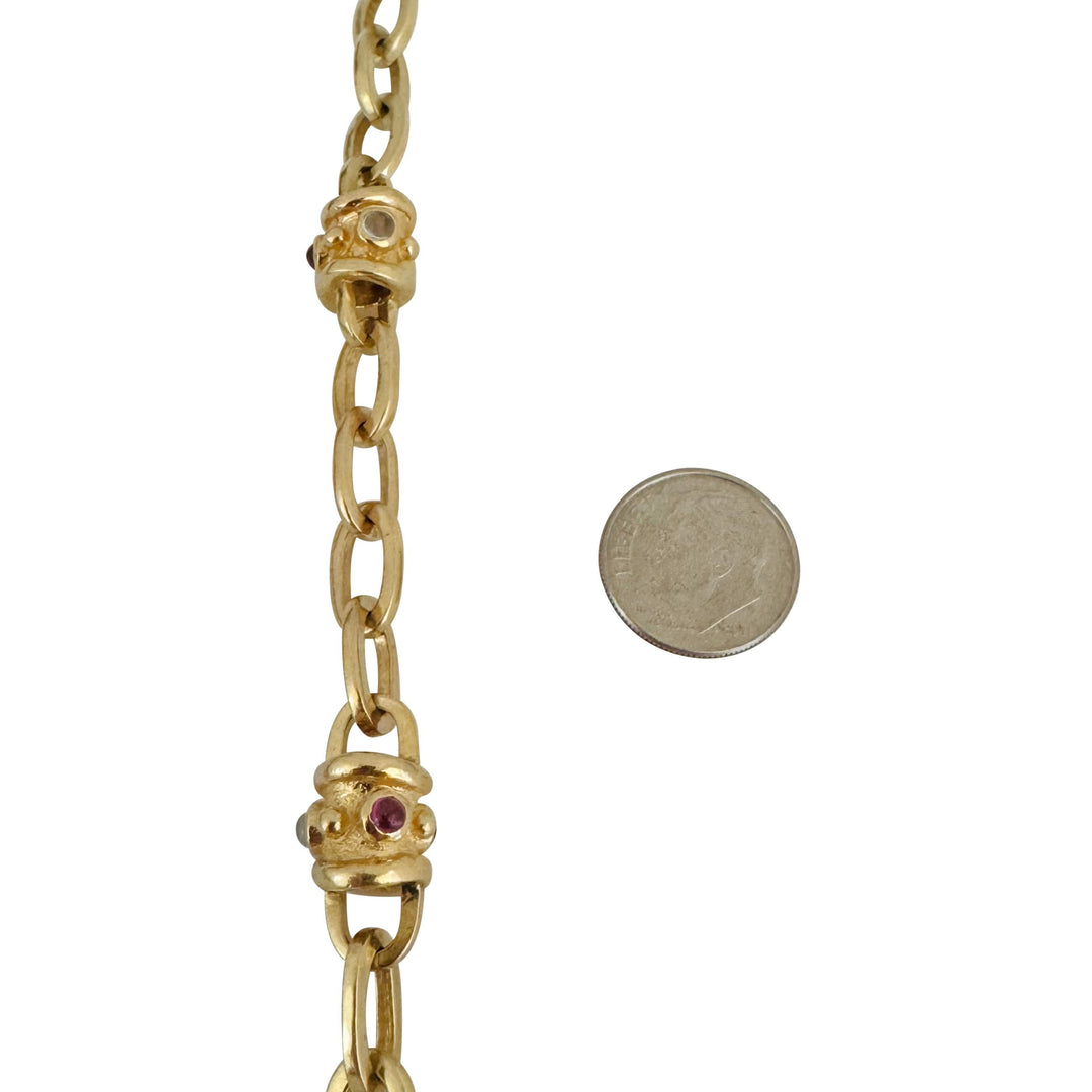 14k Yellow Gold 31.2g Mulit Gemstone Oval Link Station Toggle Bracelet 7.5"