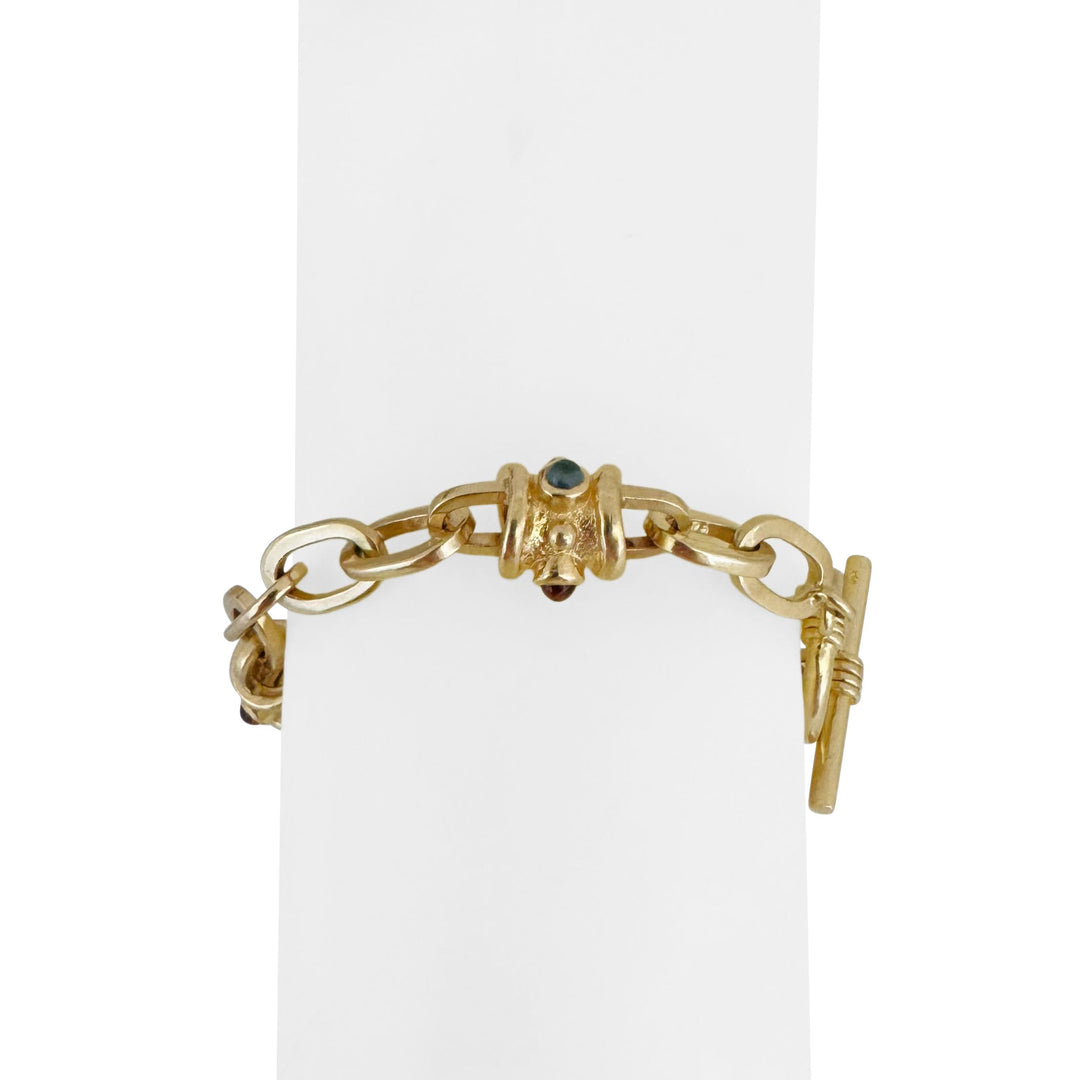 14k Yellow Gold 31.2g Mulit Gemstone Oval Link Station Toggle Bracelet 7.5"