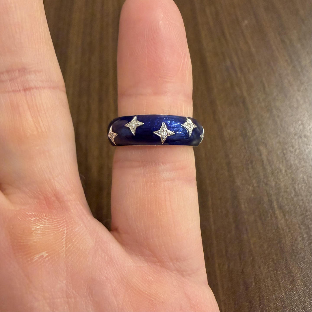 Hidalgo 18k White Gold Diamond and Blue Enamel Star Band Ring Size 6