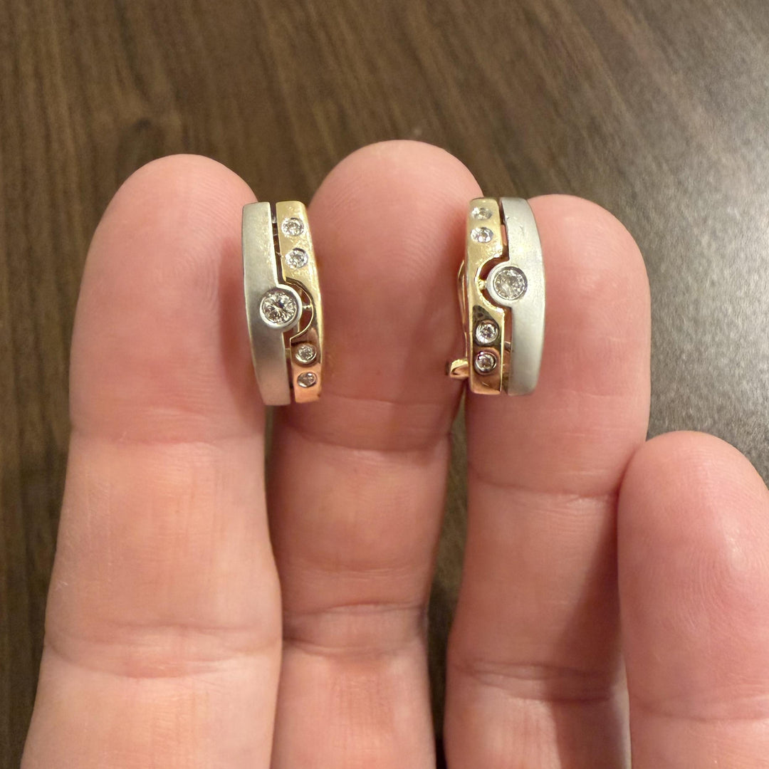 14k Yellow and White Gold 0.18cttw Flush Set Diamond Huggie Earrings