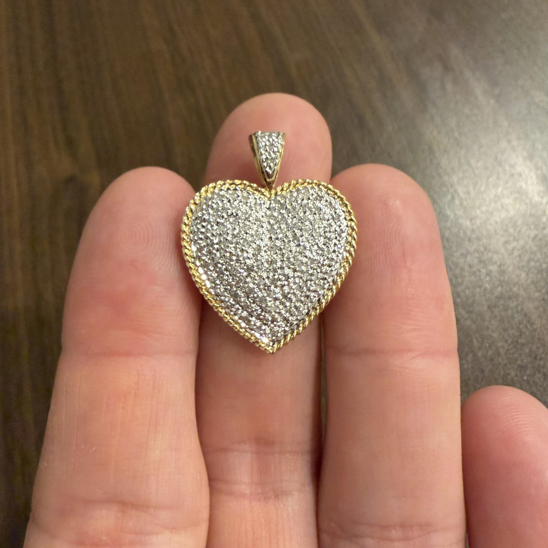 14k Yellow and White Gold 0.50cttw Pave Diamond Vintage Heart Pendant 1.2"
