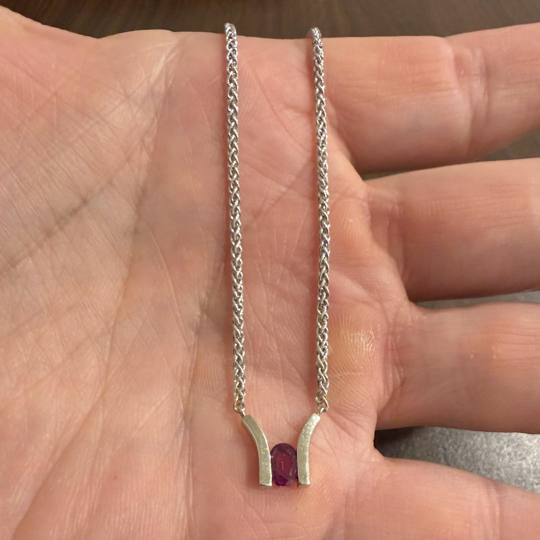 14k White Gold and Pink Tourmaline Wheat Link Pendant Necklace Italy 18.5"