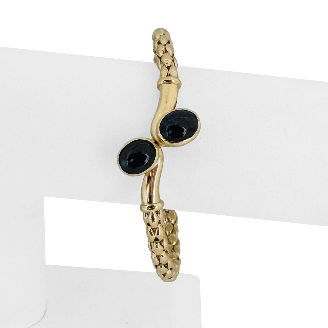 14k Yellow Gold and Cabochon Sapphire 15.4g Flex Bypass Bangle Italy 7"