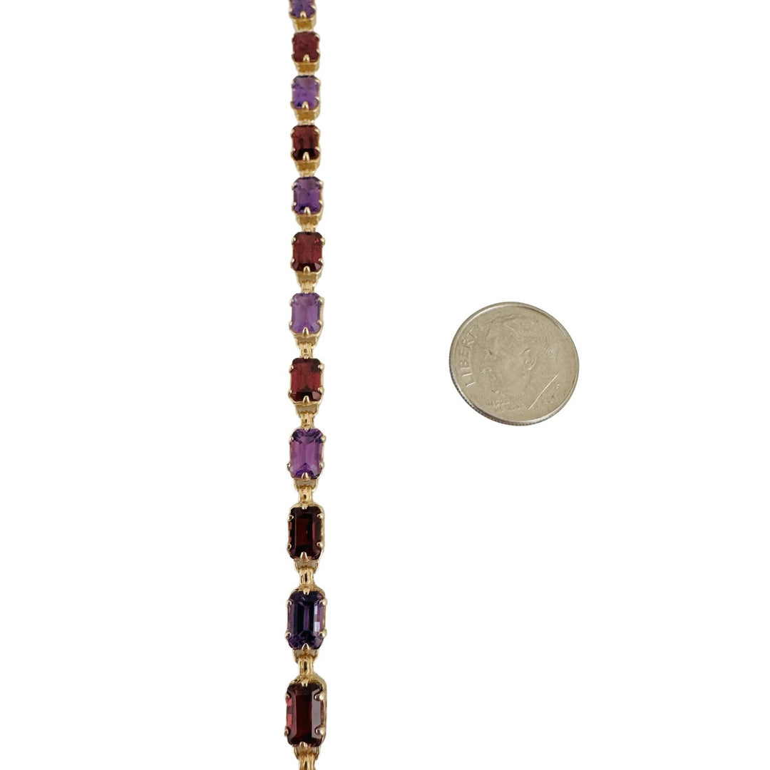 14k Yellow Gold 9g Ladies Amethyst and Garnet Link Bracelet 7.5"