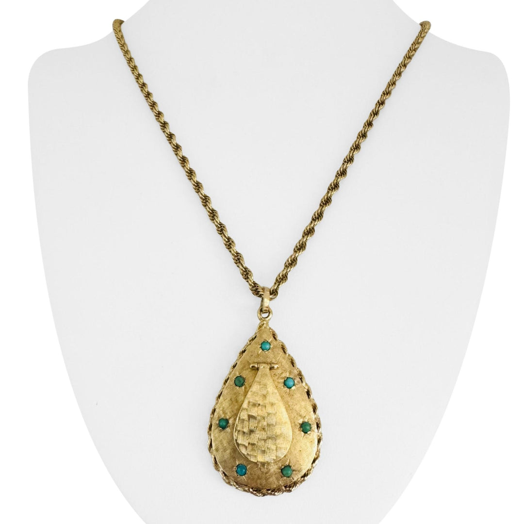 14k Yellow Gold and Turquoise Vintage Locket Pendant Rope Necklace 24"