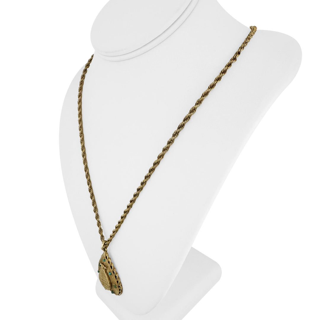 14k Yellow Gold and Turquoise Vintage Locket Pendant Rope Necklace 24"