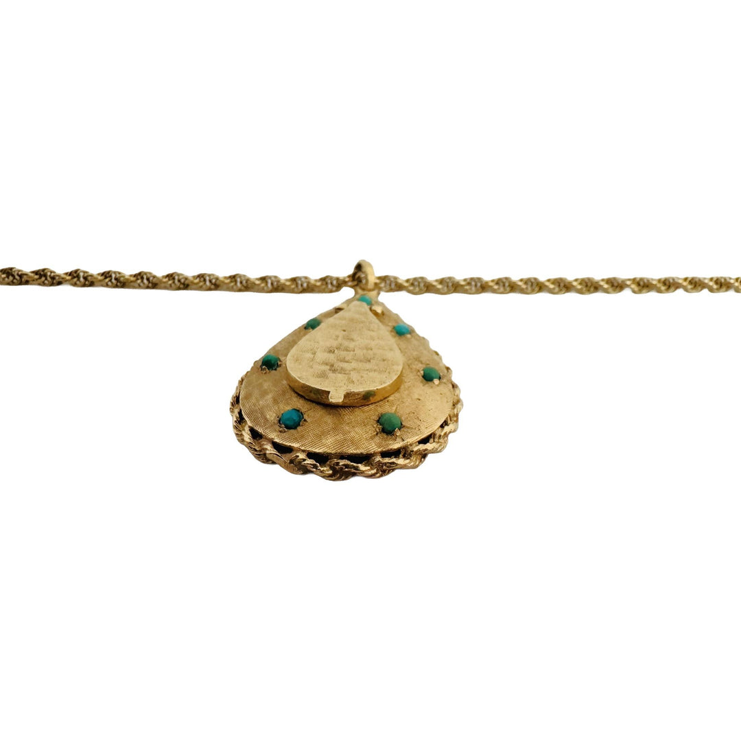 14k Yellow Gold and Turquoise Vintage Locket Pendant Rope Necklace 24"
