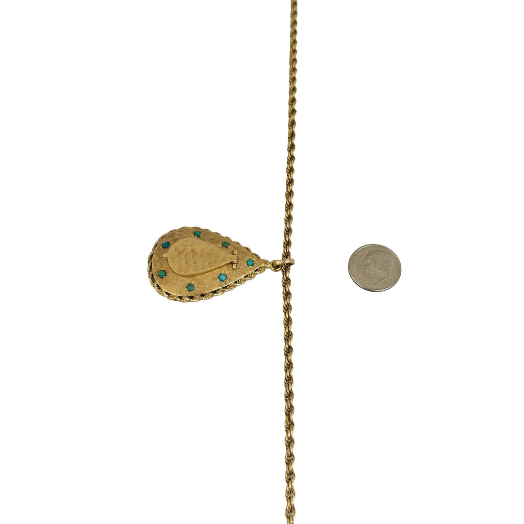 14k Yellow Gold and Turquoise Vintage Locket Pendant Rope Necklace 24"