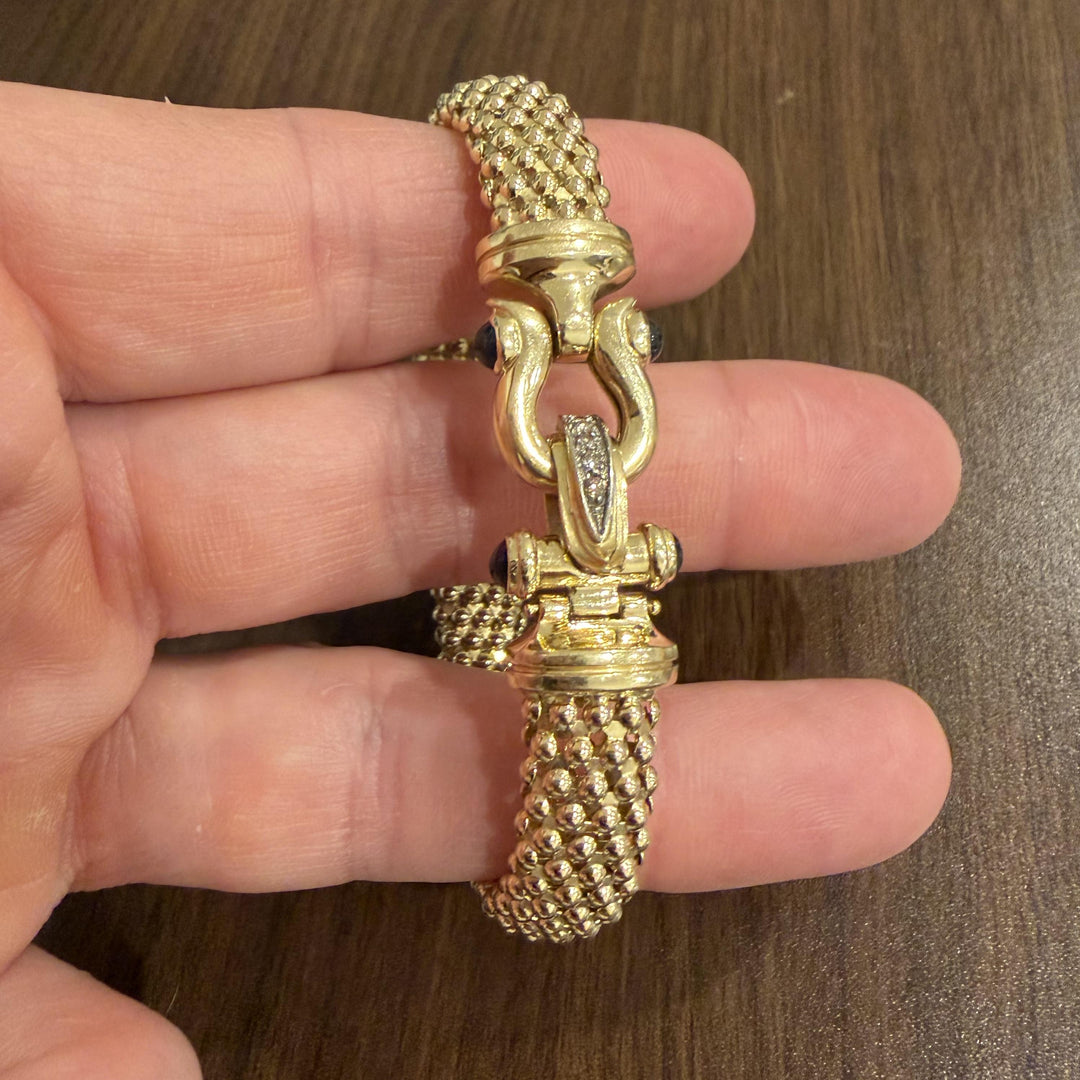 14k Yellow Gold Diamond and Sapphire 25g Popcorn Link Bracelet Italy 7.5"