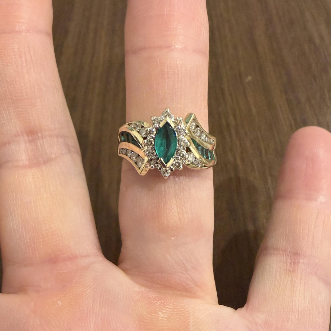 14k Yellow Gold Emerald and Diamond Ladies Fancy Ring Size 8.5