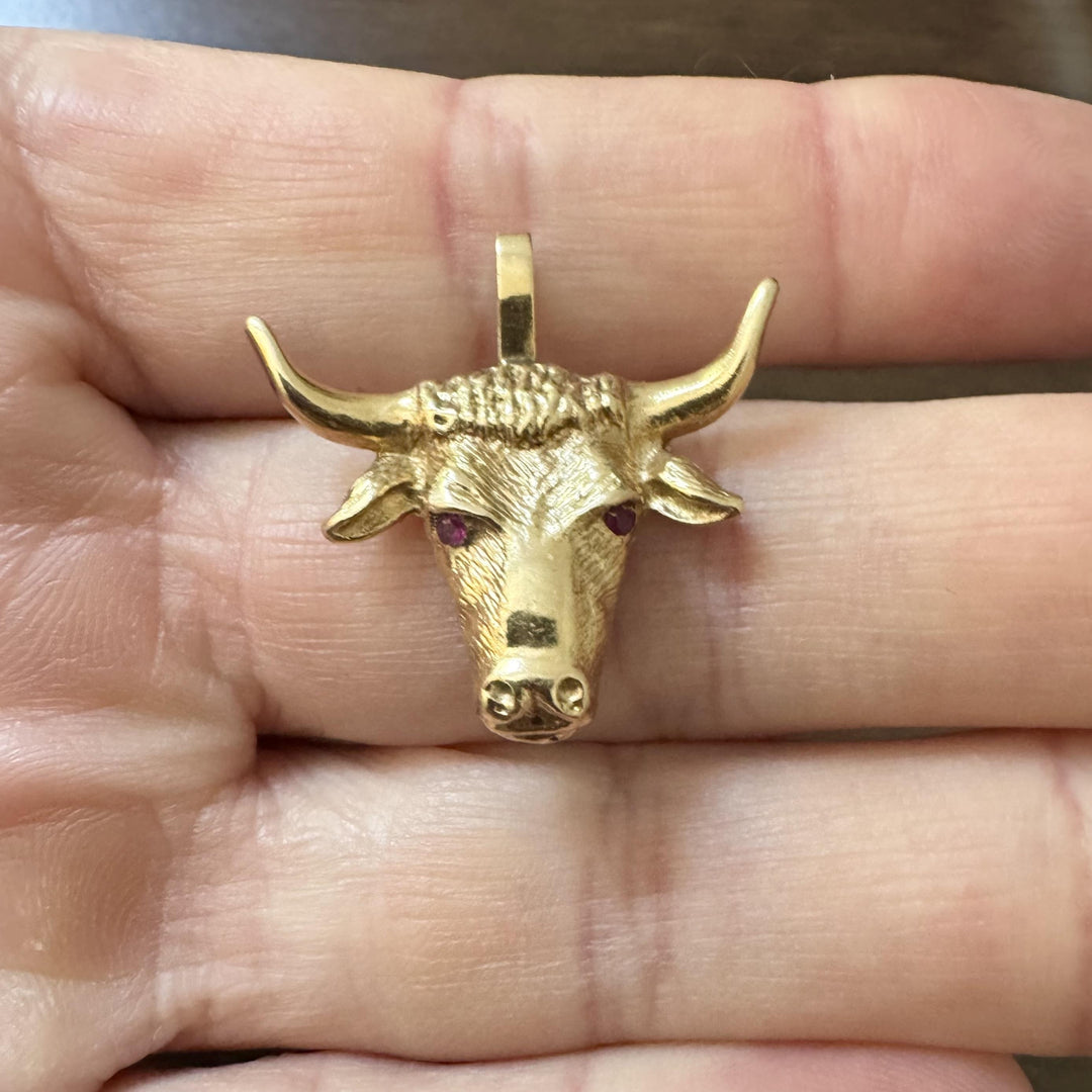 14k Yellow Gold and Ruby Eyes 6g Solid Bull Pendant