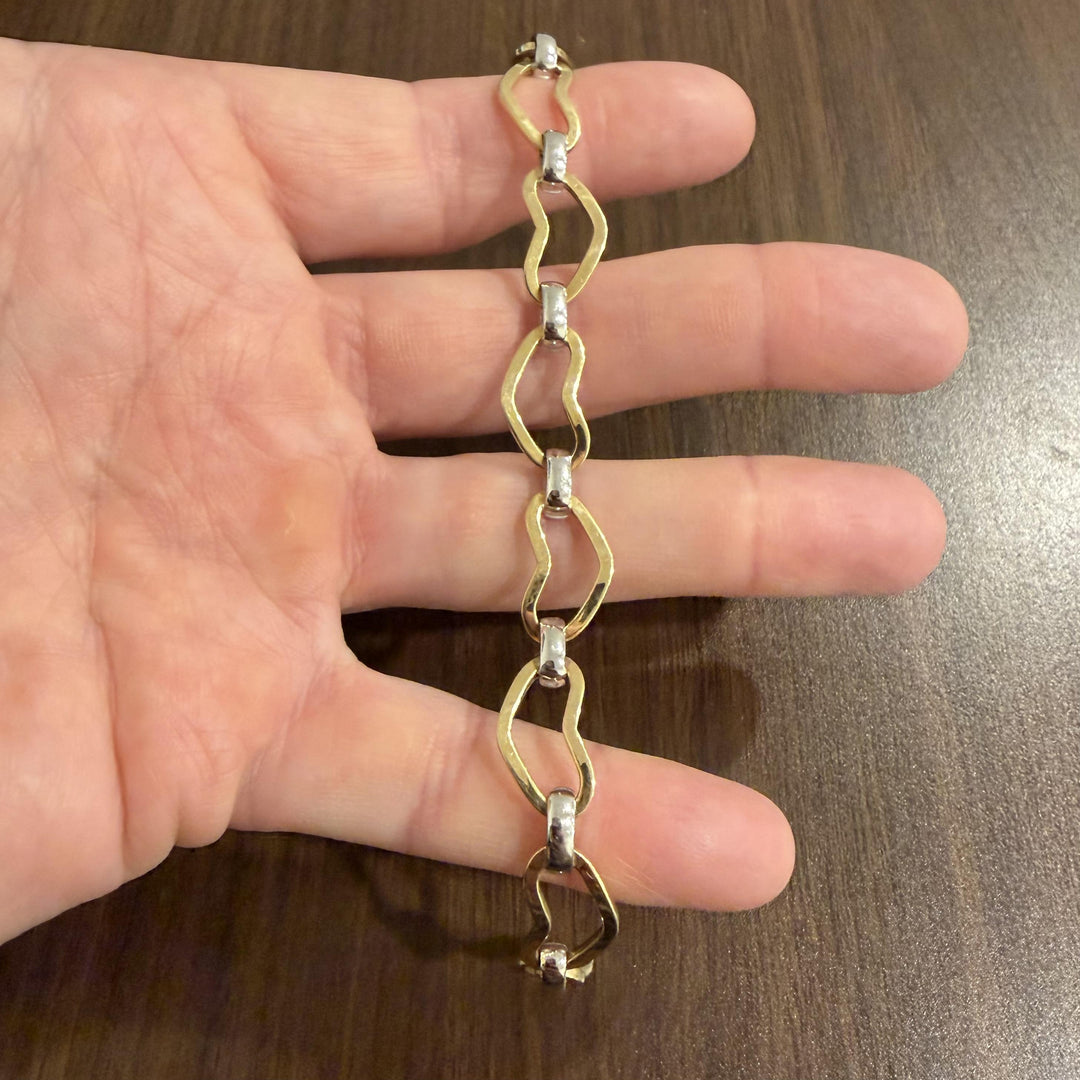 14k Yellow and White Gold 7.5g Hollow 10mm Fancy Heart Link Bracelet Italy 6.5"