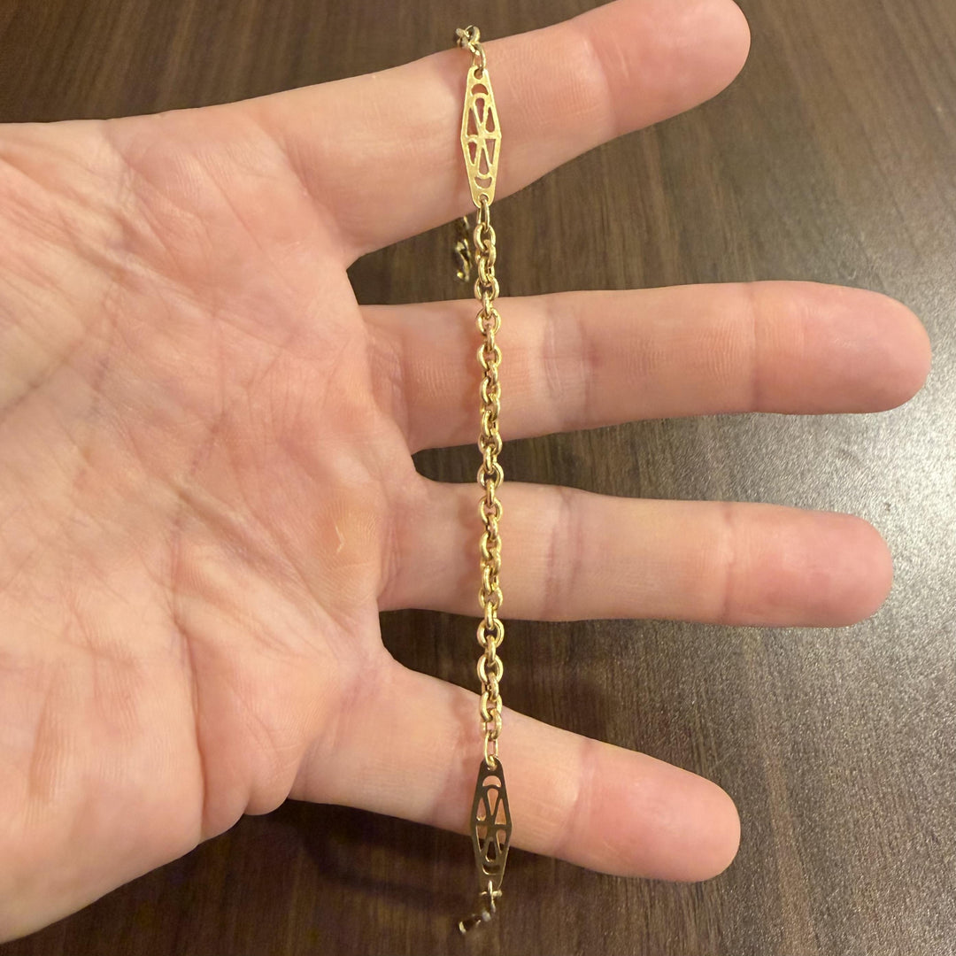 18k Yellow Gold 5.7g Semi Solid Cable Link Station Bracelet Italy 9"