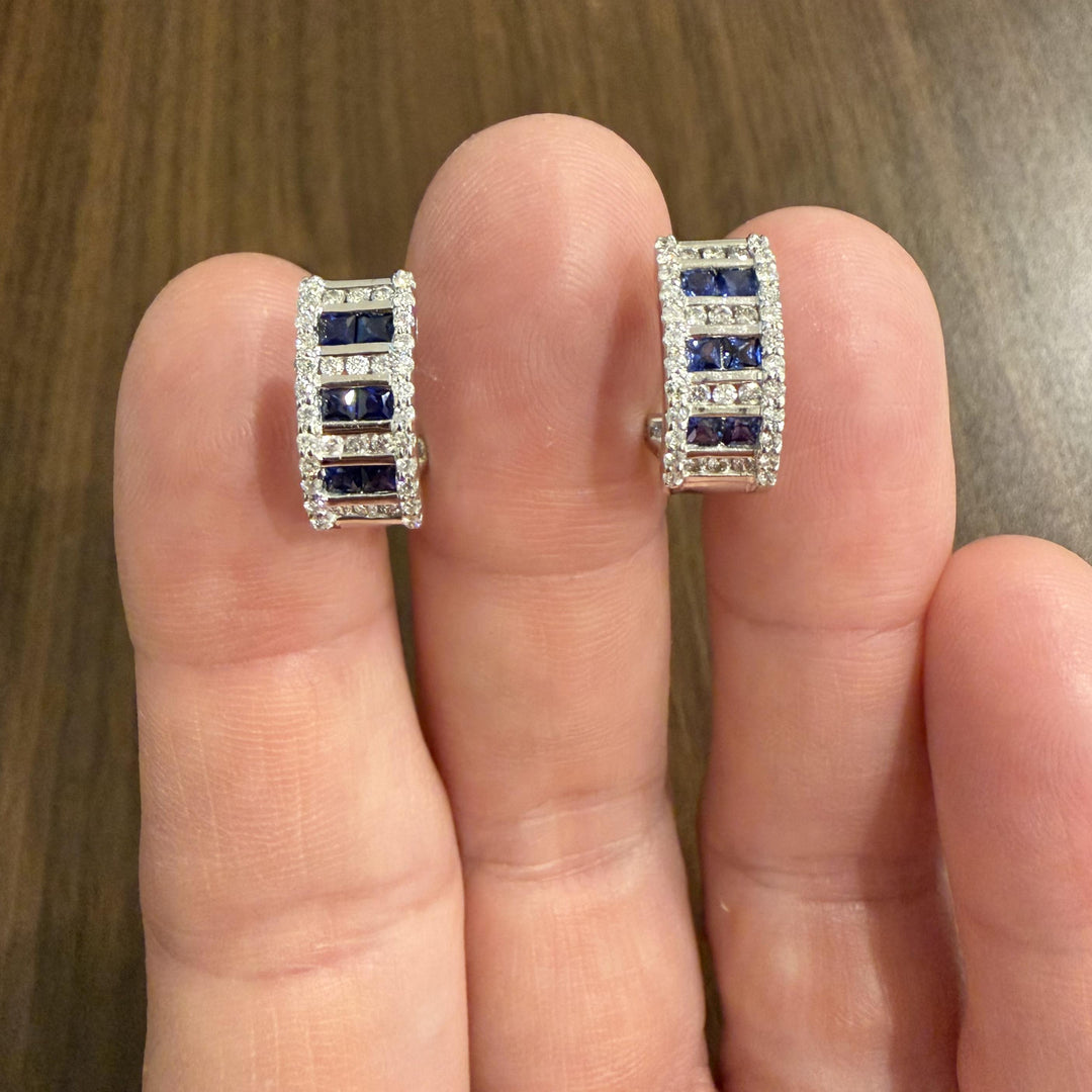 14k White Gold 0.70cttw Diamond and Blue Sapphire Huggie Earrings