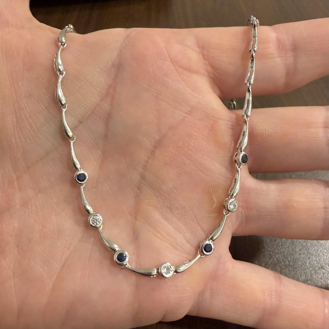 14k White Gold Bezel Set Sapphire and Diamond Fancy Link Necklace 18"
