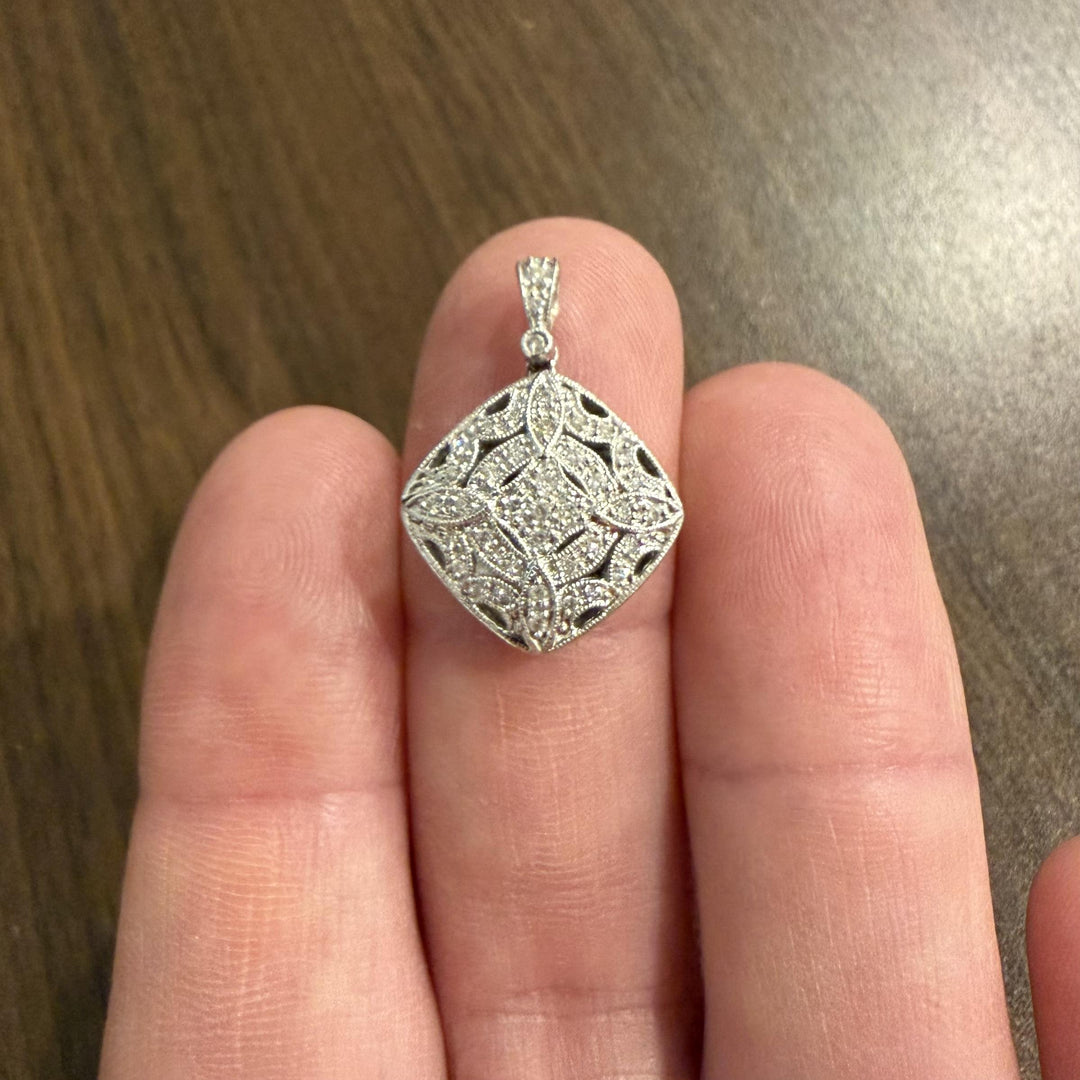 14k White Gold and Diamond Vintage Filigree Locket Pendant 1"