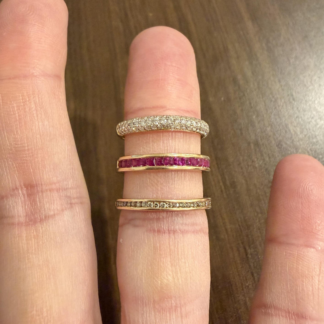 18k Rose Gold 1cttw Diamond and Ruby Unique Three Band Ring Size 8
