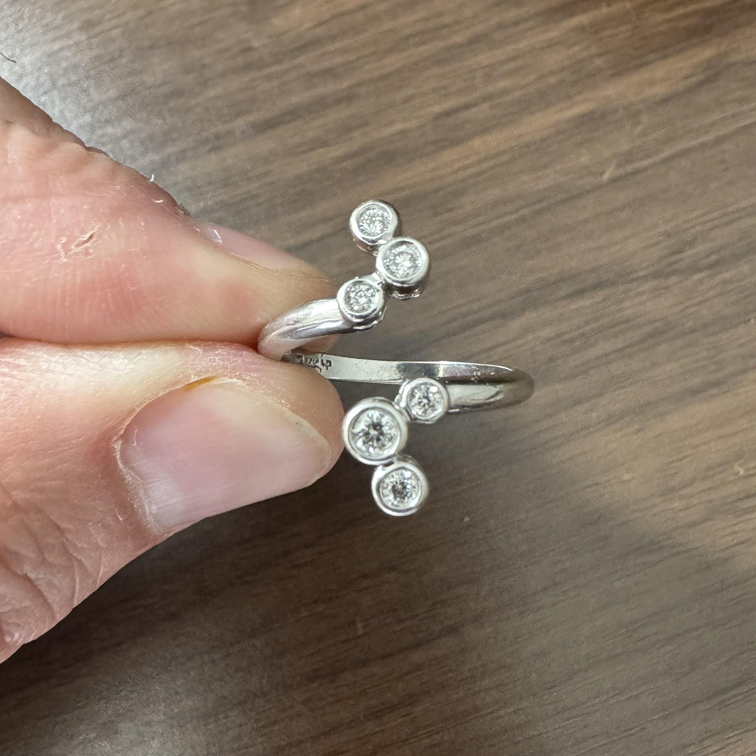 14k White Gold and Bezel Set Diamonds Open Bypass Ring Size 6