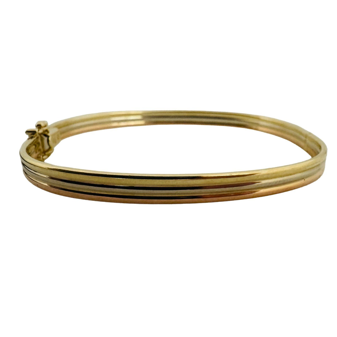 14k Yellow White and Rose Gold 10g Ribbed Bangle Bracelet Italy 7"