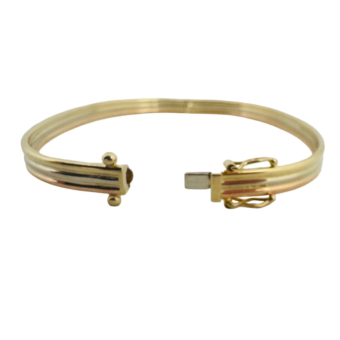 14k Yellow White and Rose Gold 10g Ribbed Bangle Bracelet Italy 7"