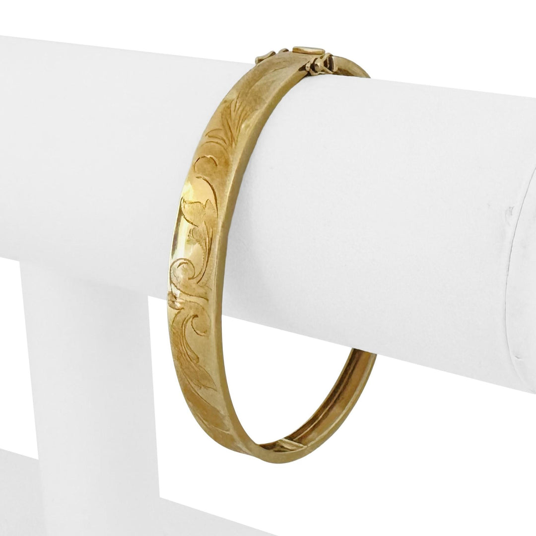 14k Yellow Gold 11.7g Vintage Graduated Concave Floral Bangle Bracelet 7.25"