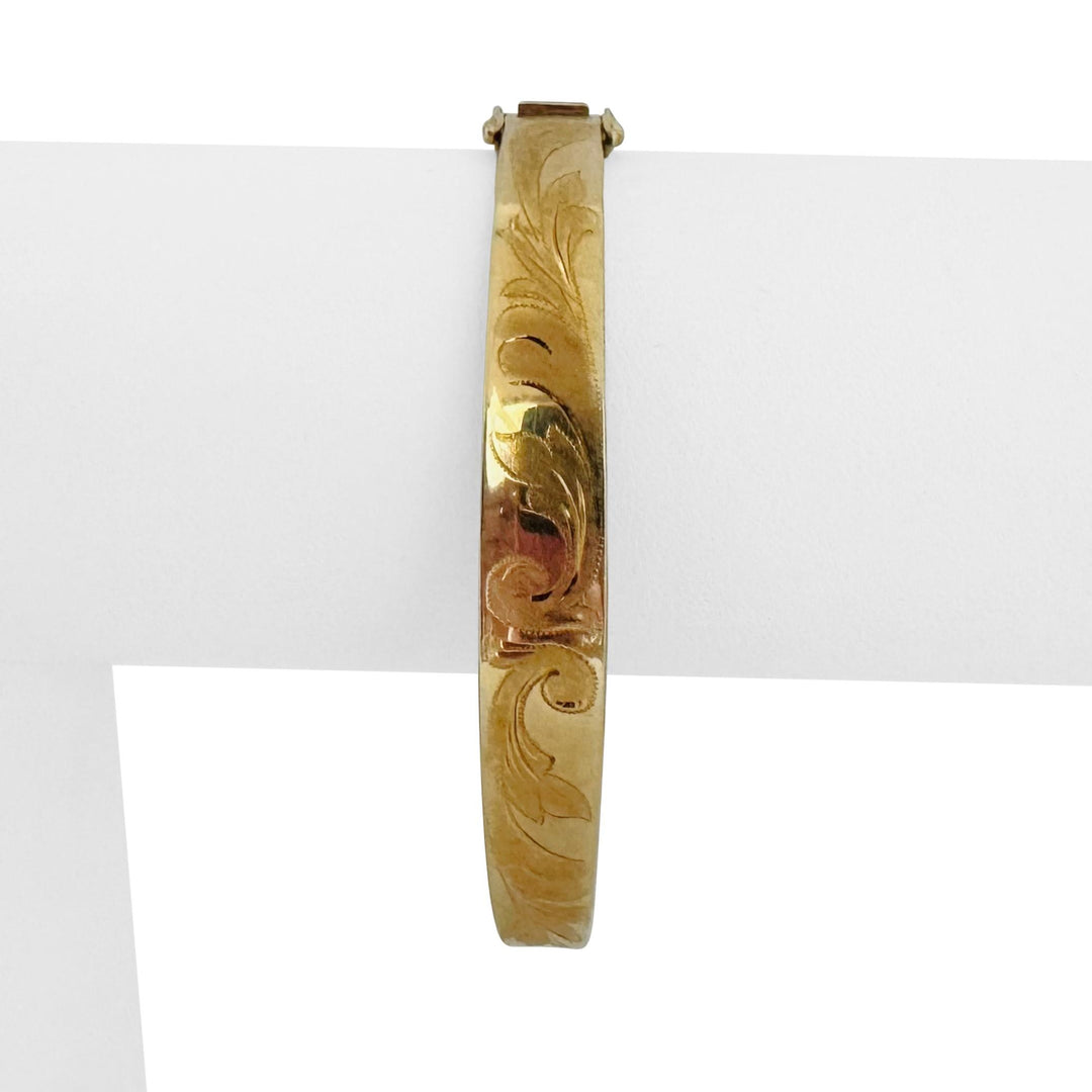 14k Yellow Gold 11.7g Vintage Graduated Concave Floral Bangle Bracelet 7.25"