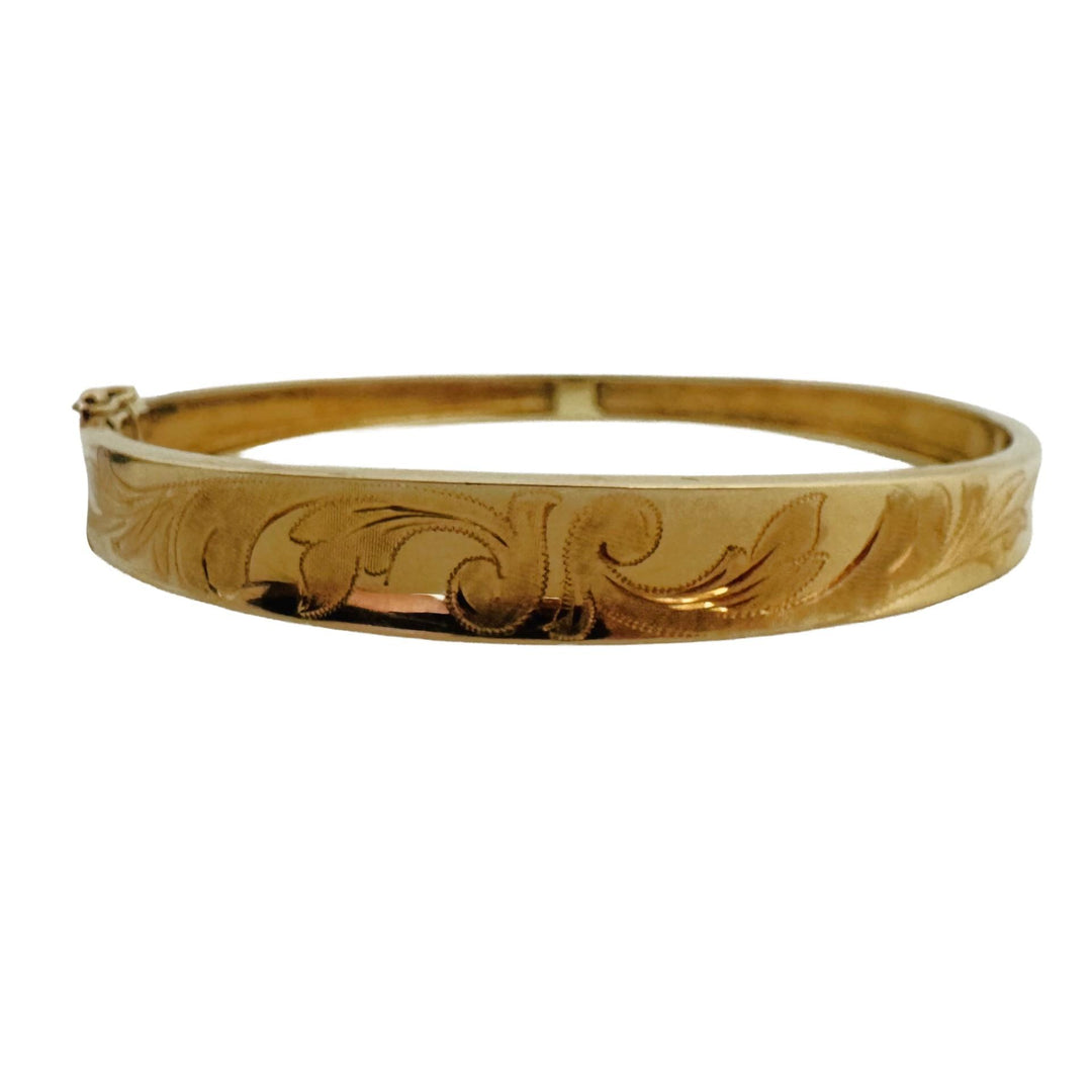 14k Yellow Gold 11.7g Vintage Graduated Concave Floral Bangle Bracelet 7.25"