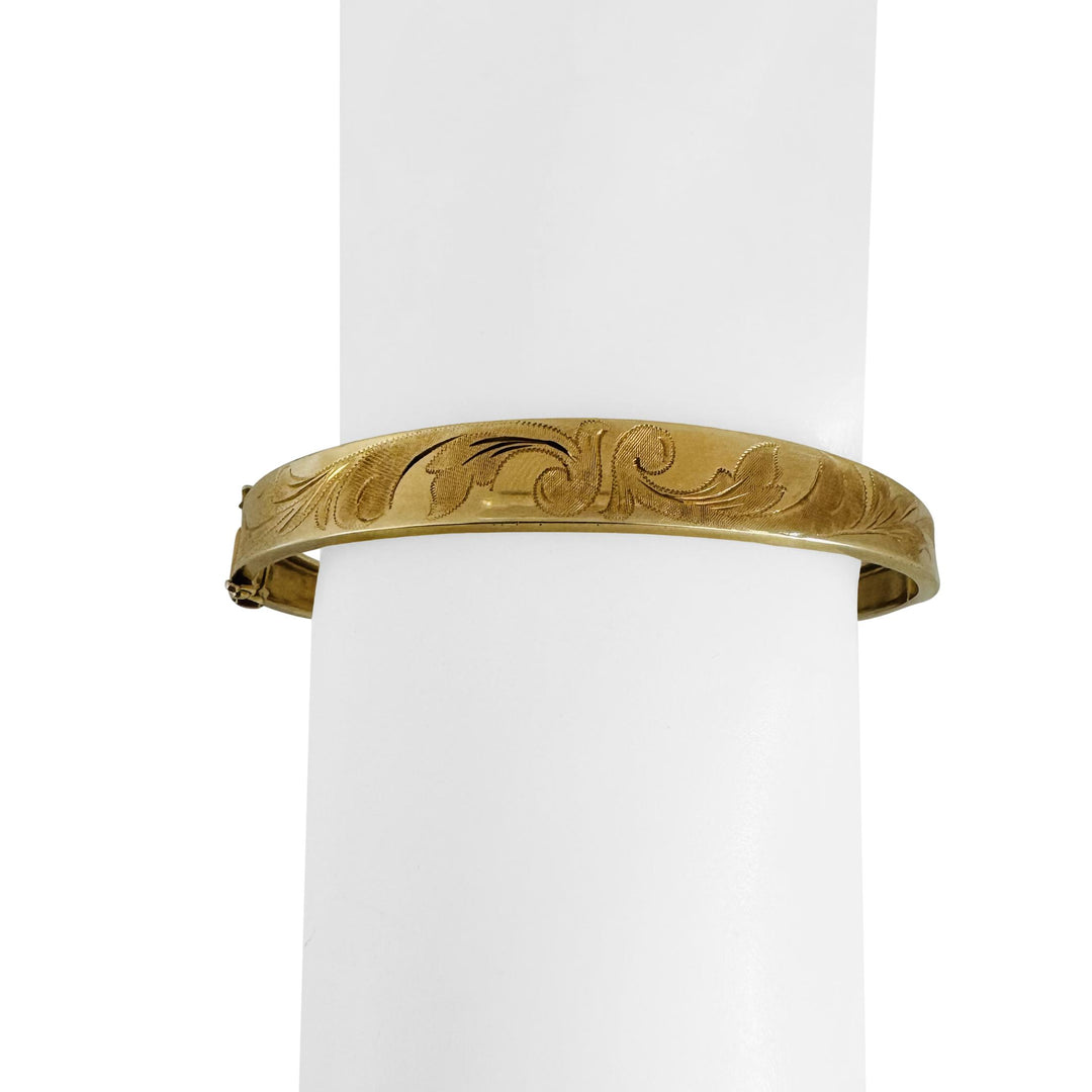 14k Yellow Gold 11.7g Vintage Graduated Concave Floral Bangle Bracelet 7.25"