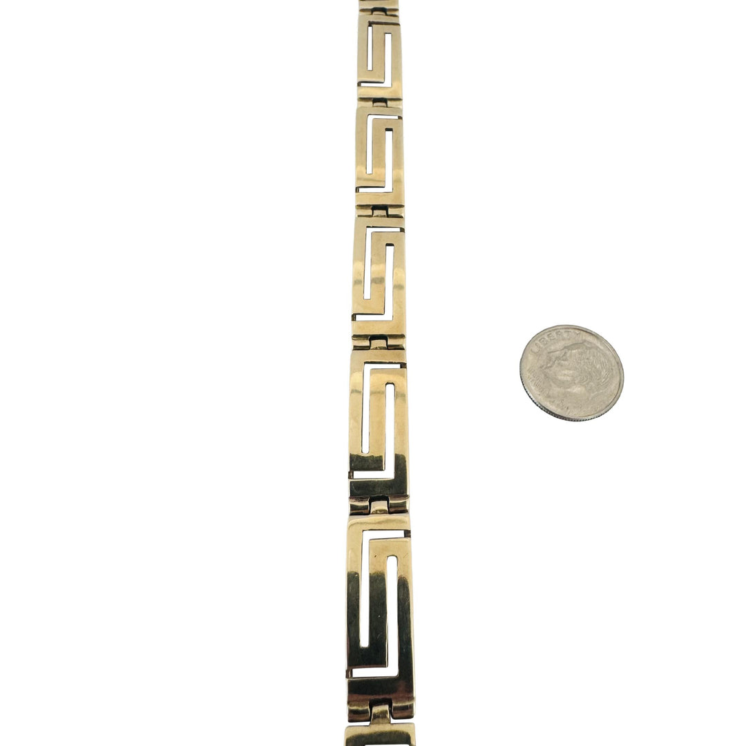 14k Yellow Gold 23.8g Solid Vintage 9mm Greek Key Panel Link Bracelet 6.75"