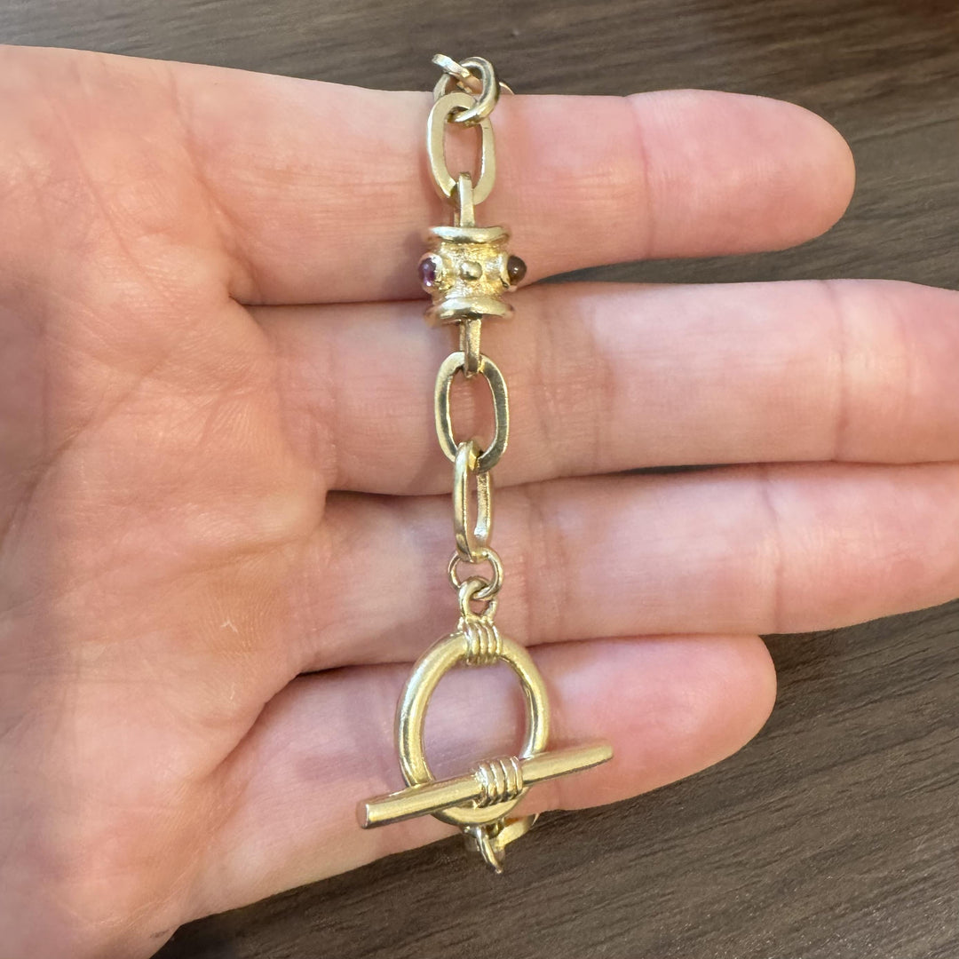 14k Yellow Gold 31.2g Mulit Gemstone Oval Link Station Toggle Bracelet 7.5"
