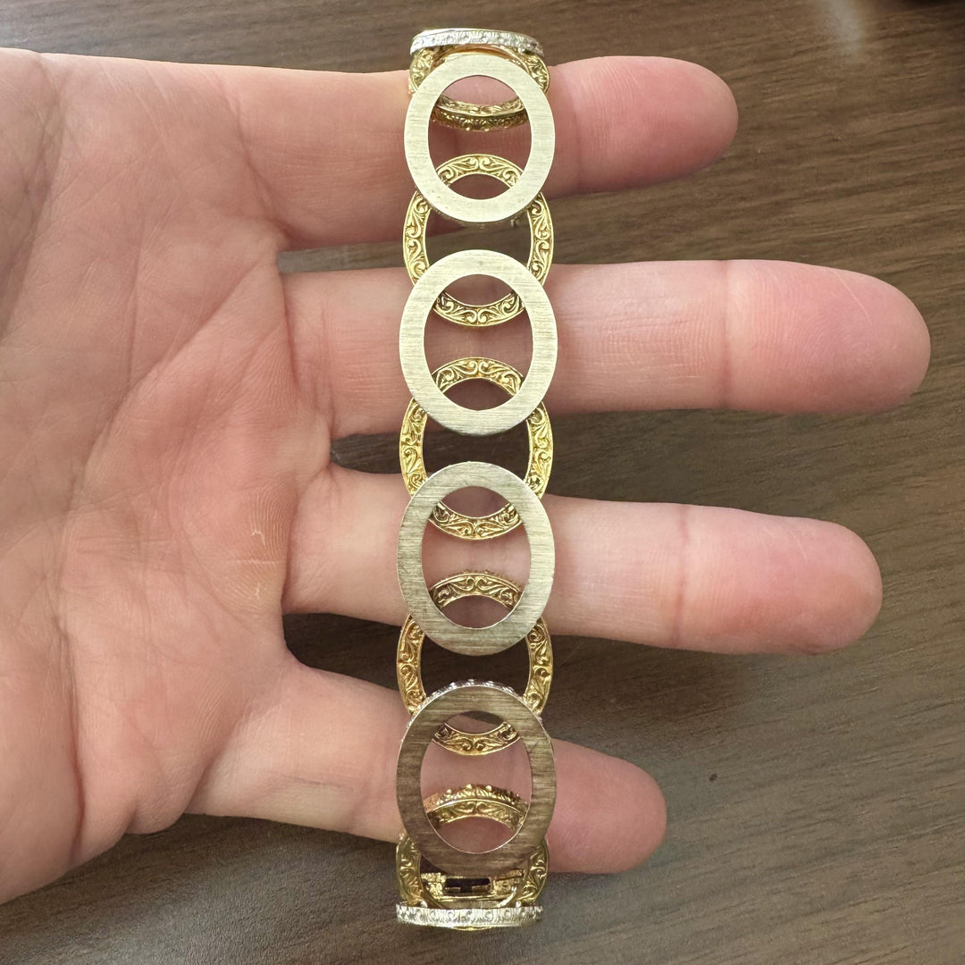 18k Yellow and White Gold 36.7g Solid Vintage Fancy Circle Link Bracelet 7.25"