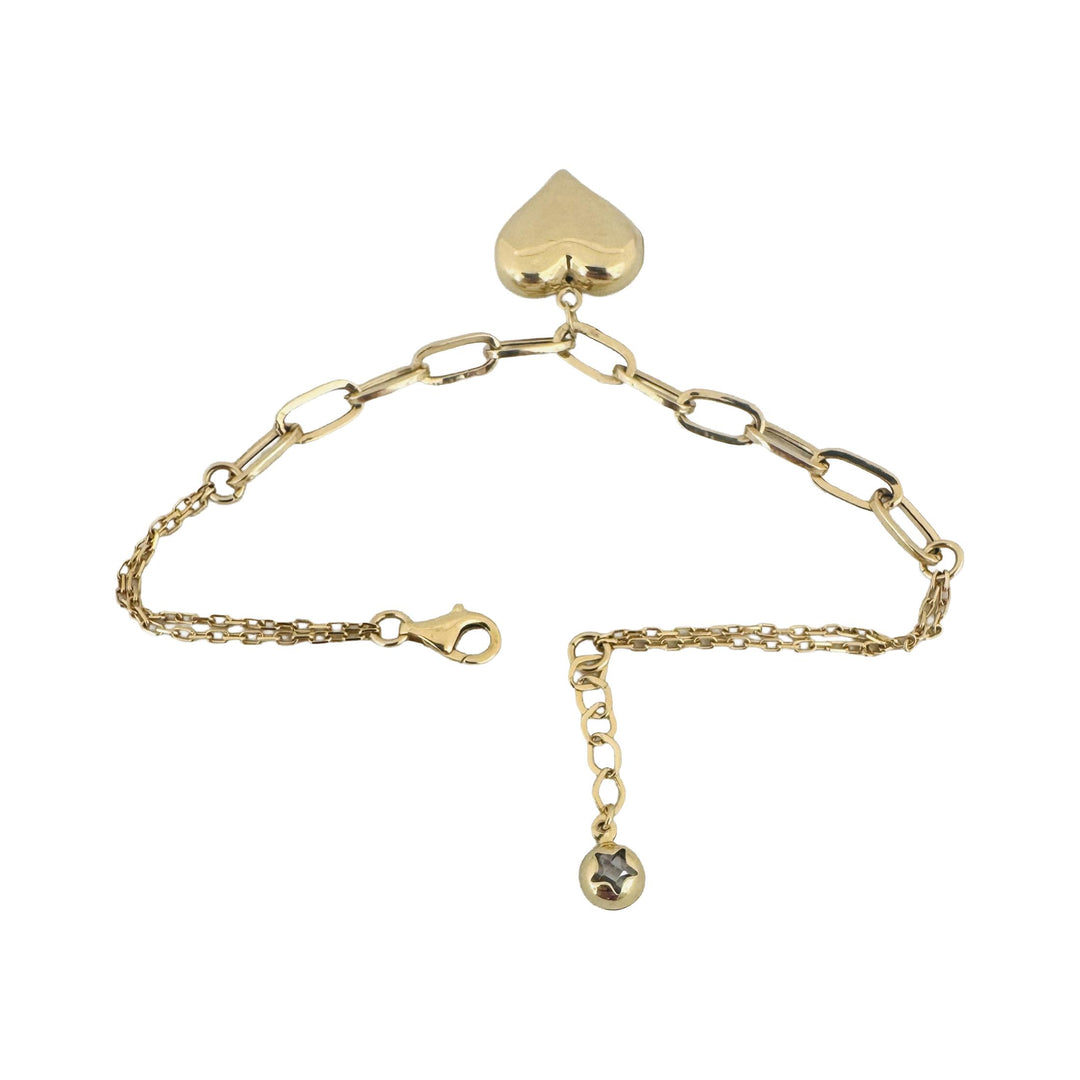 18k Yellow Gold 4.4g Hollow Light Cable Link Heart Charm Bracelet Italy 6.75"