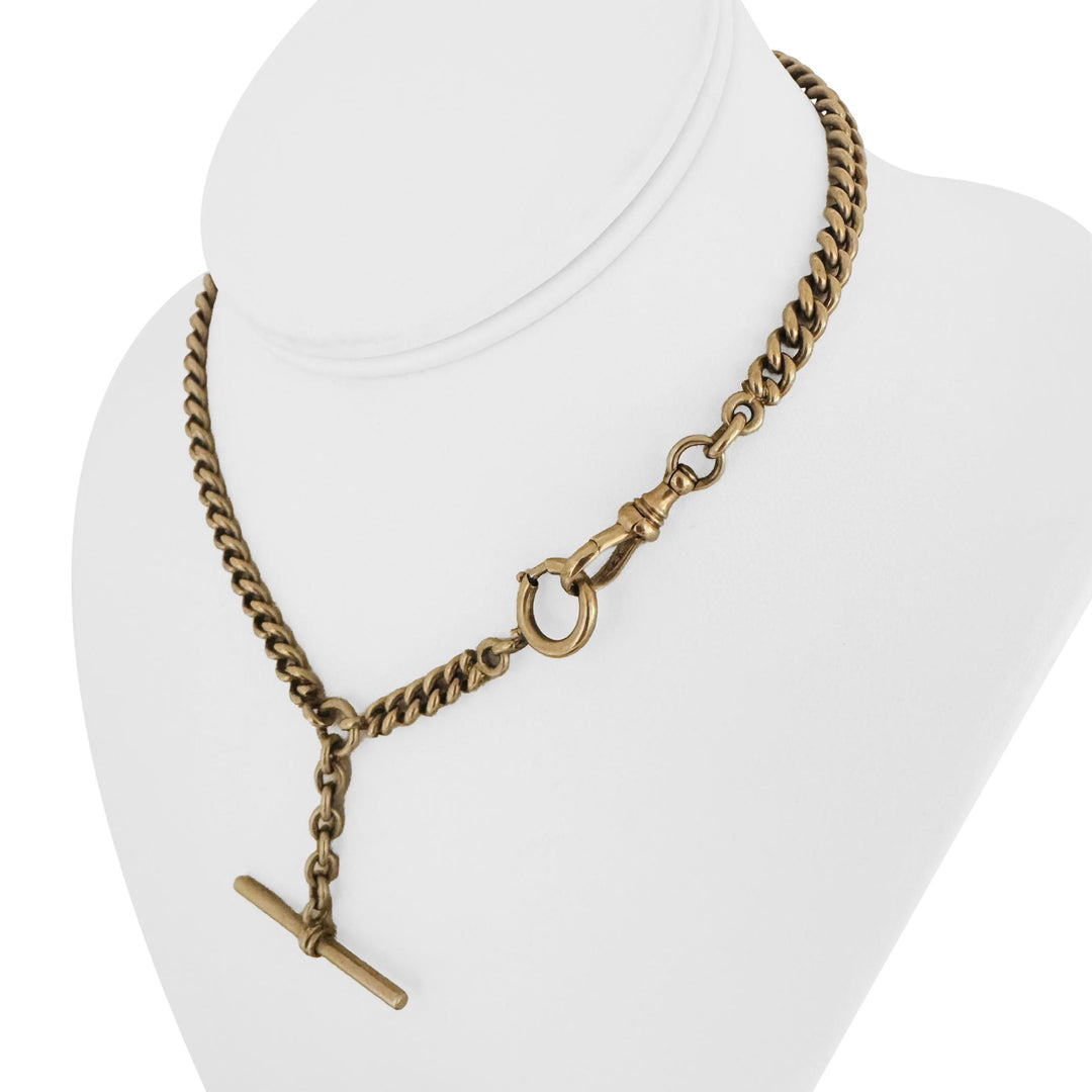 14k Yellow Gold 43.6g Vintage Solid Curb Link T Bar Dog Clip Watch Chain 14.5"