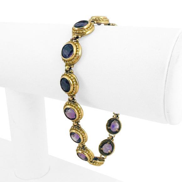 14k Yellow Gold and Bezel Set Amethyst 16.5g Vintage Ladies Bracelet 7.5