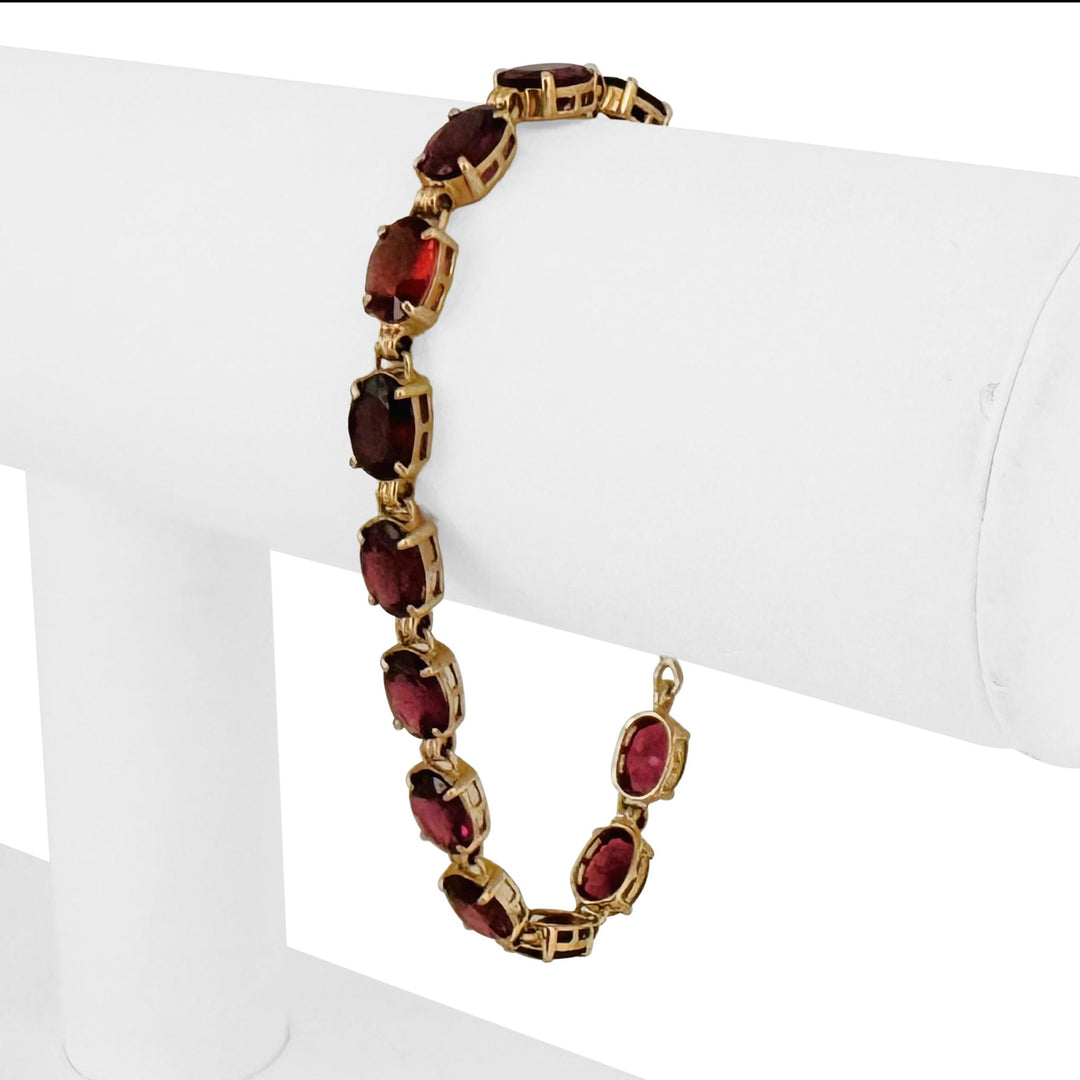 14k Yellow Gold 10.7g Oval Cut Garnet Ladies Link Bracelet 7.25"