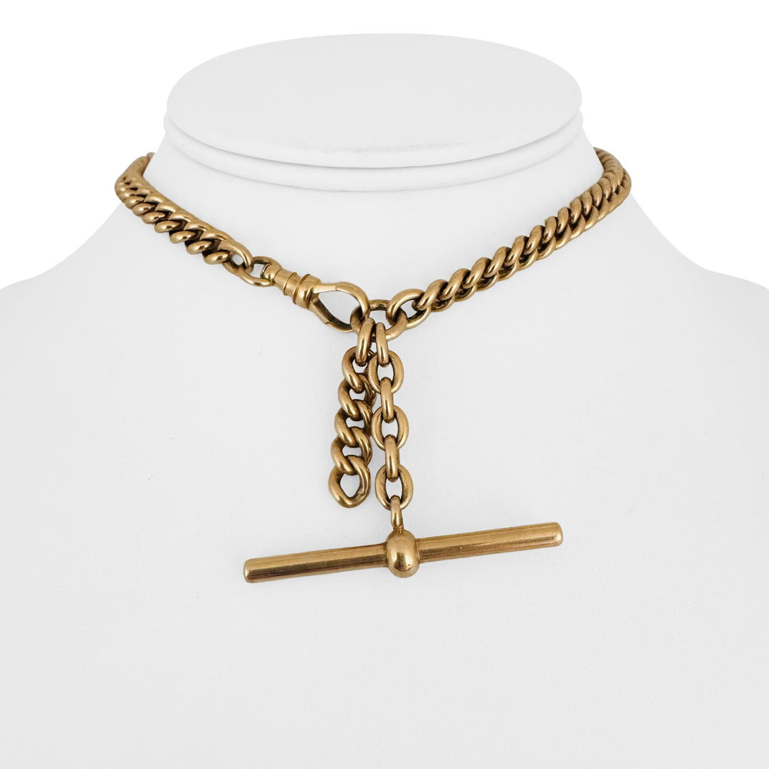 14k Yellow Gold 49g Vintage Solid Curb Link T Bar Dog Clip Watch Chain 13"