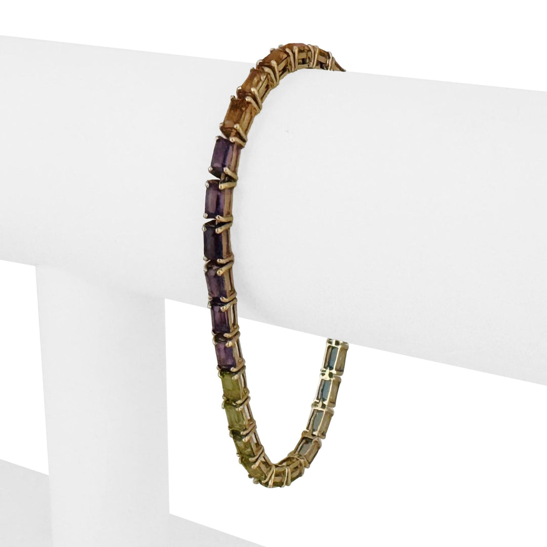 14k Yellow Gold 8.5g Emerald Cut Multi Gemstone Rainbow Link Bracelet 7"