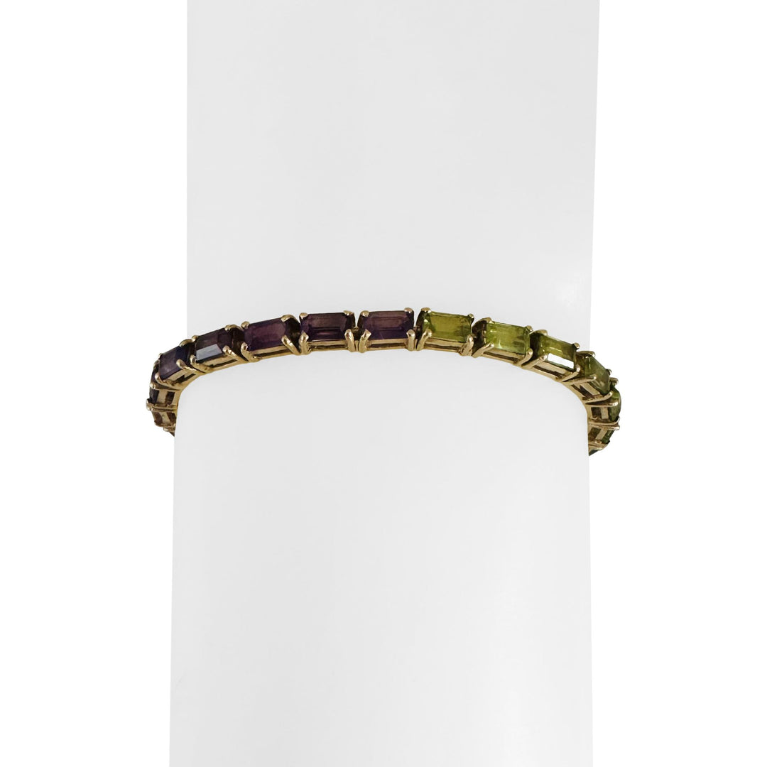 14k Yellow Gold 8.5g Emerald Cut Multi Gemstone Rainbow Link Bracelet 7"
